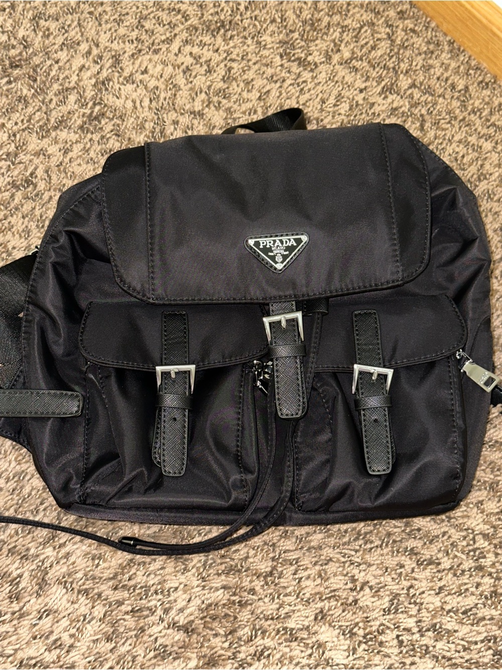 Prada Black Nylon Backpack with Buckle Pockets